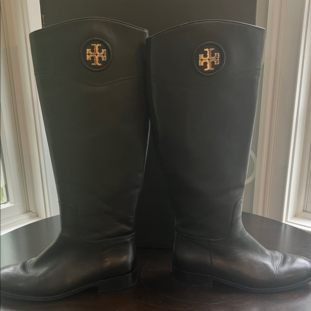 Tory Burch Black Riding Boots with Gold Emblem 10 wide calf